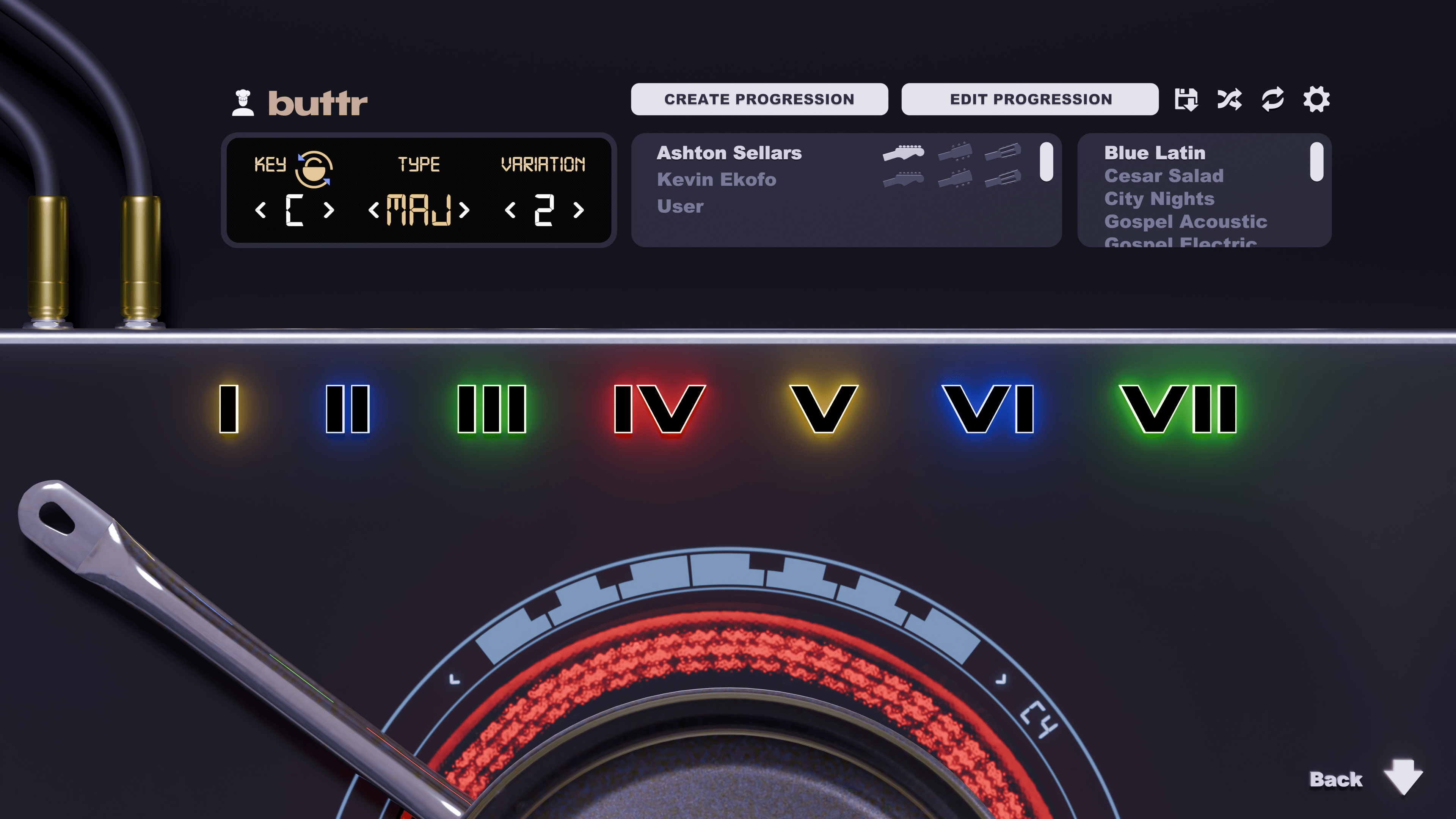 Buttr progressions interface, displaying multi-color roman numerals for each chord type.