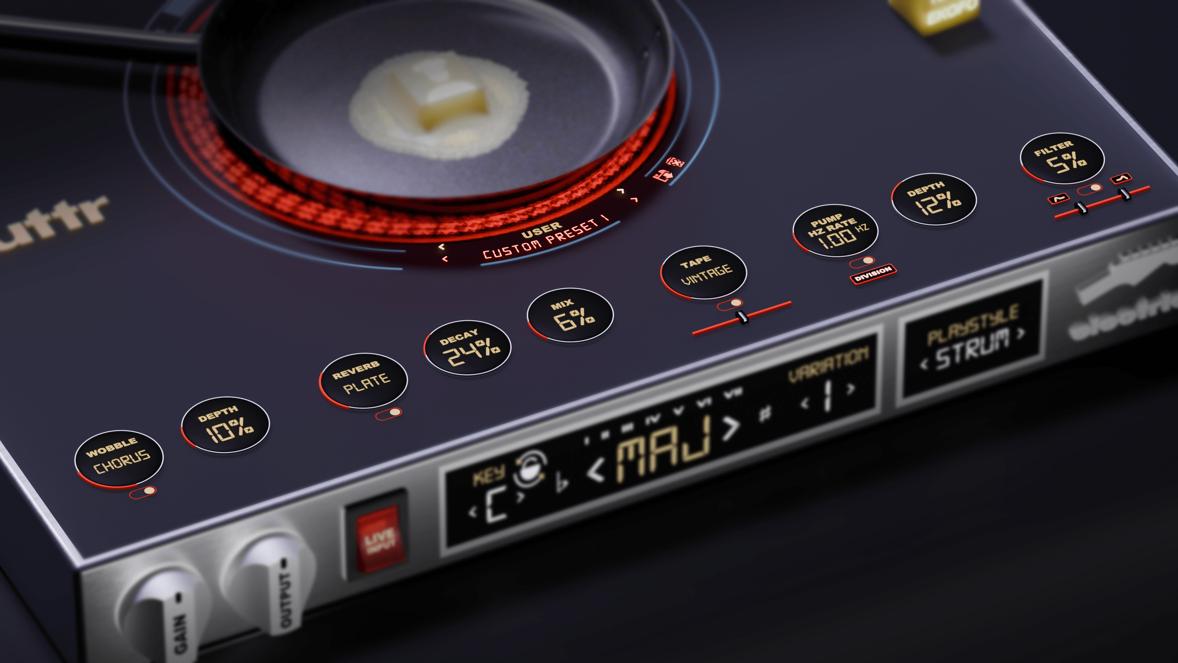 A side angle shot of the Buttr user interface highlighting the reverb, decay, mix, tape, pump hz. rate knobs.